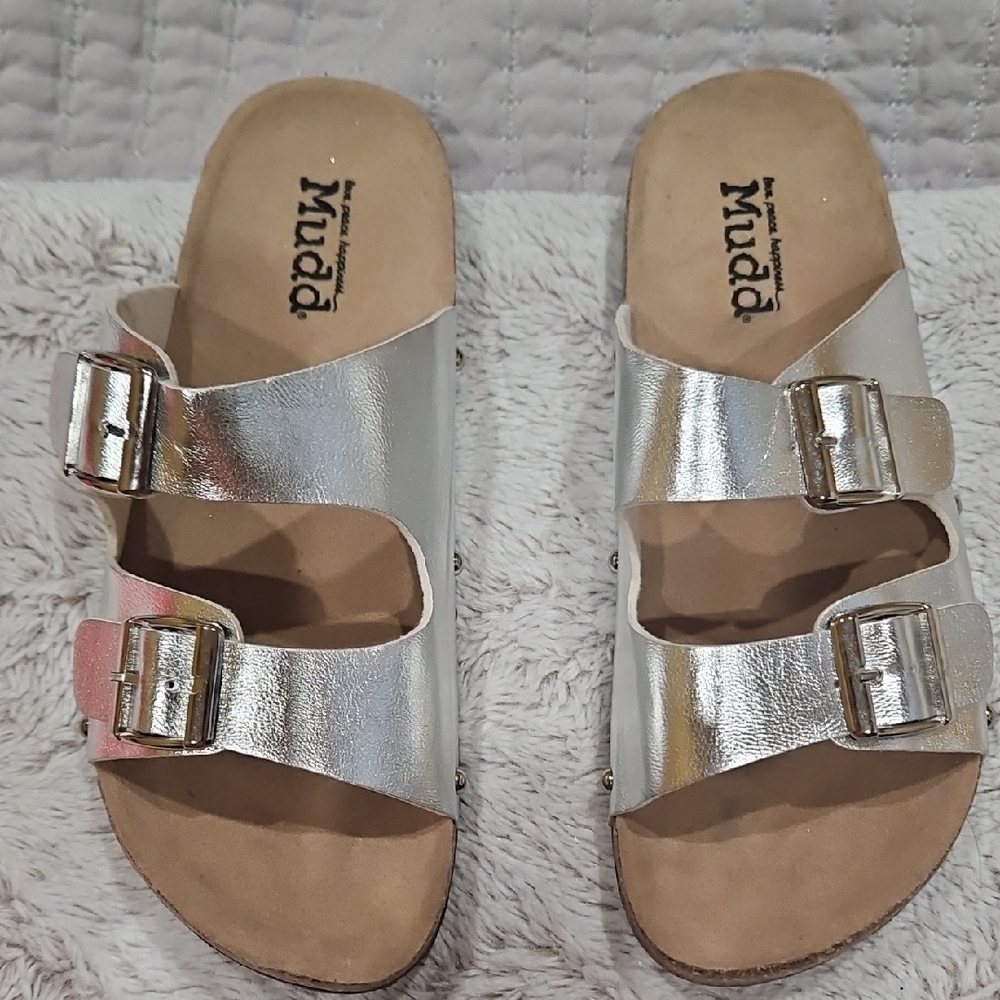 Mudd Metallic Silver Double Buckle Slide Sandals